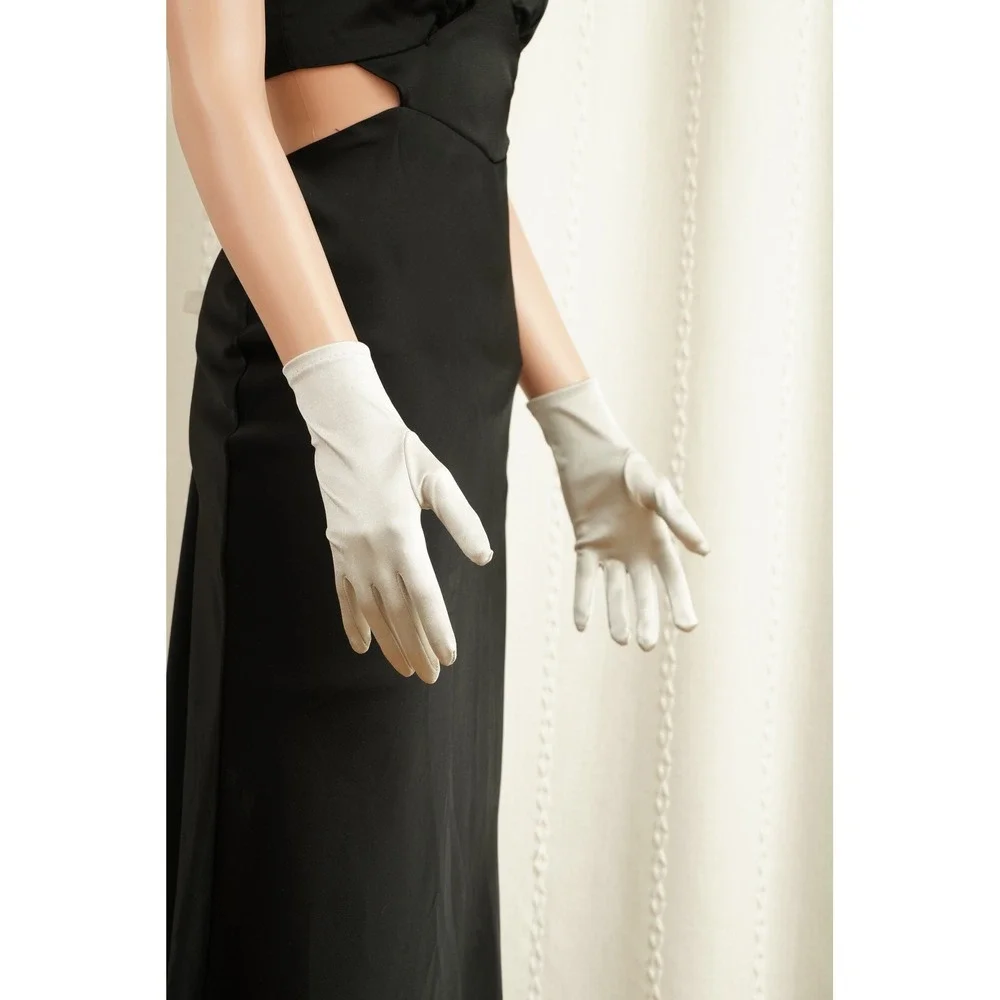 Vintage Style Silver Satin Wrist Length (2BL)‎ Formal Evening Gloves